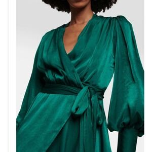 Elegant FestiveEmerald Green Satin Wrap draped Maxi Dress Puff Sleeve Sz Med